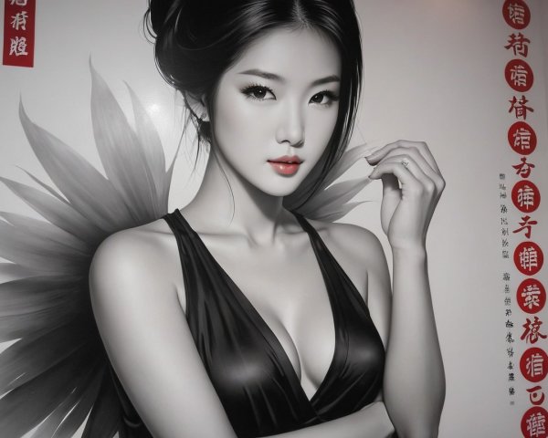 Black-and-white portrait of Asian woman with flower background