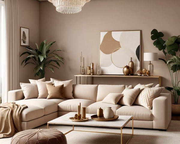 Stylish Living Room with Beige Sofa and Marble Table