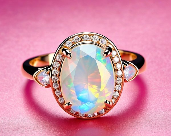 Oval Opal Ring with Diamond Halo and Gold Band
