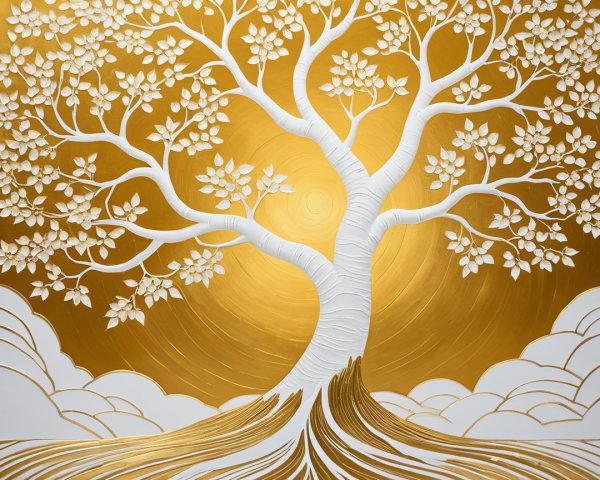 Golden Background with Stylized White Tree Artwork
