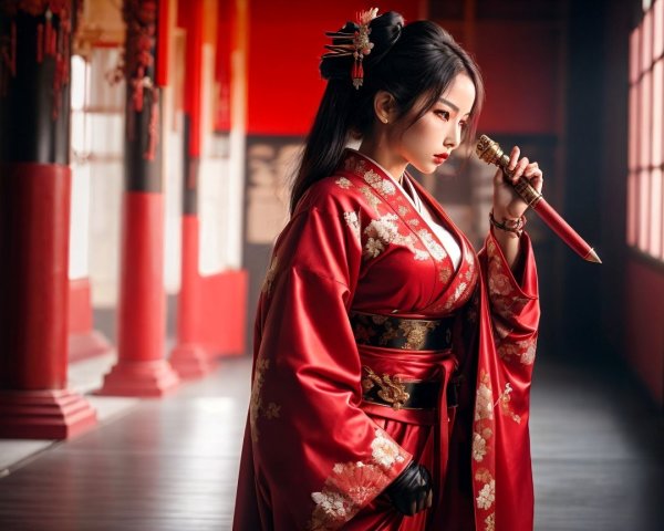 Woman in Red Kimono with Decorative Sword in Room