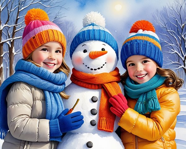 Young Girls in Winter Attire Next to Snowman