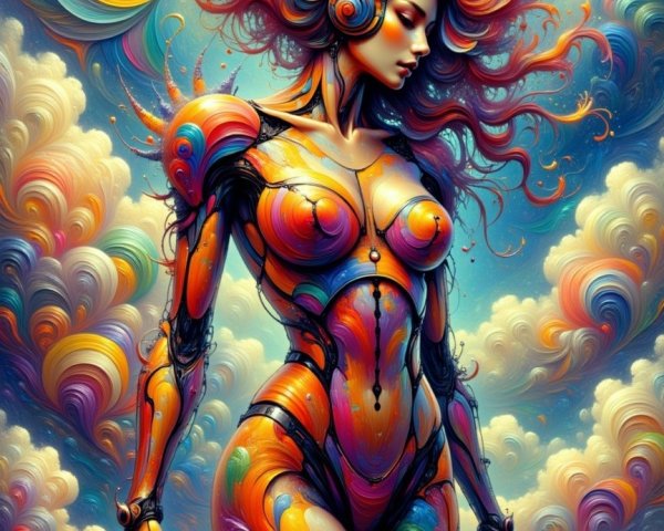 Surreal Humanoid Figure with Colorful Patterns and Hair