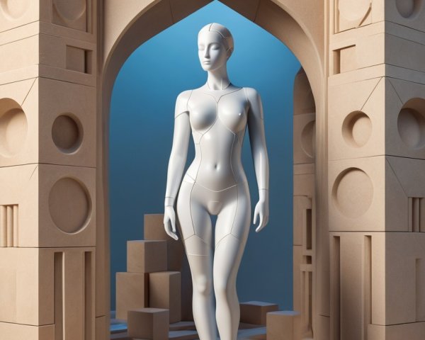 Stylized Mannequin in Ornate Archway with Patterns
