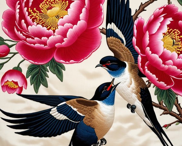 Embroidery of Swallows with Pink Peonies Design