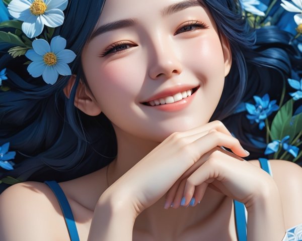 Young woman with blue hair and floral backdrop