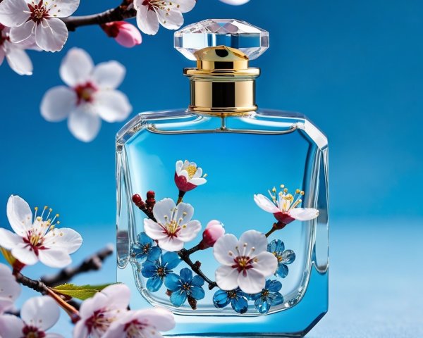 Elegant glass perfume bottle with cherry blossom design