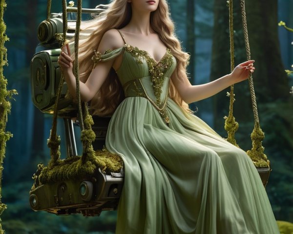 Moonlit Forest Scene with a Young Woman on a Swing