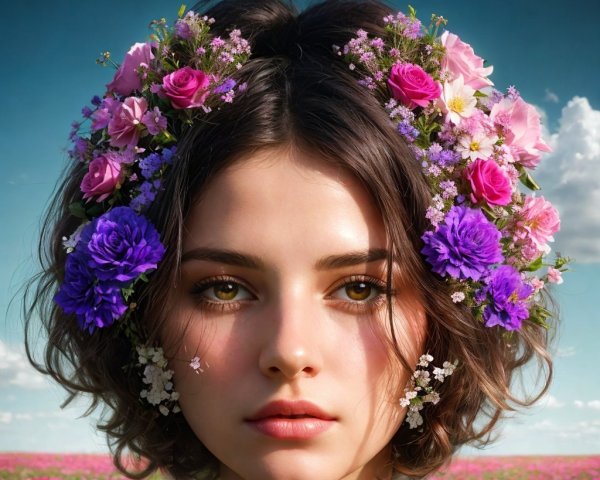 Young woman with floral crown in blooming field