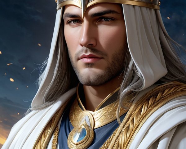 Regal figure in white robes and golden crown with sky