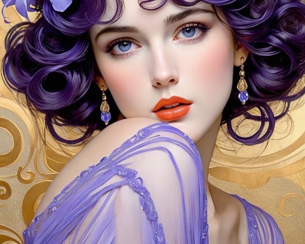 Portrait of a Young Woman with Purple Hair and Flowers