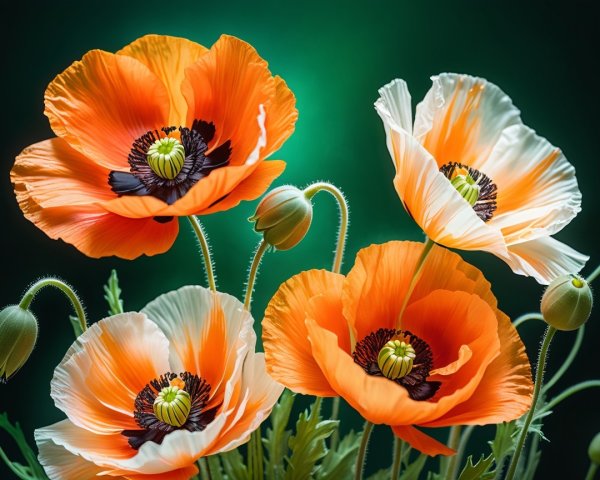 Vibrant Orange and White Poppies with Green Foliage