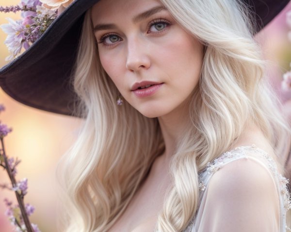 Young woman in floral hat among a dreamy garden