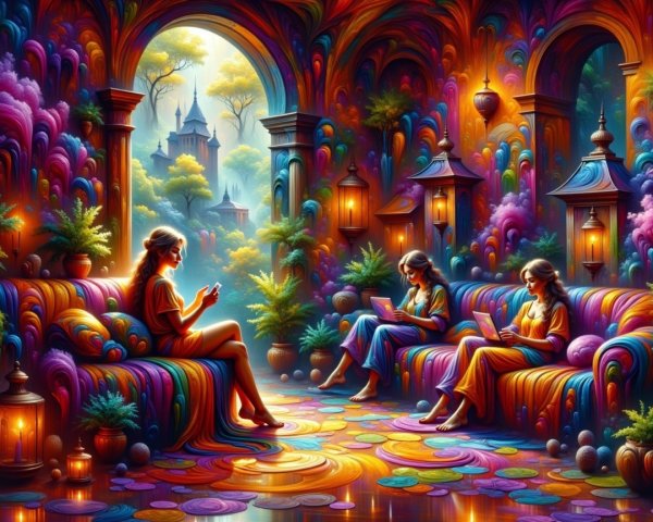 Three Women in Colorful Room with Lush Greenery