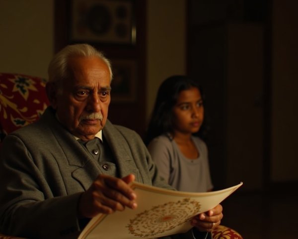 Elderly man reading in patterned armchair with girl