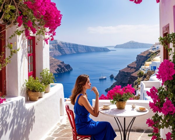 Woman in Blue Dress on Sunlit Terrace in Santorini
