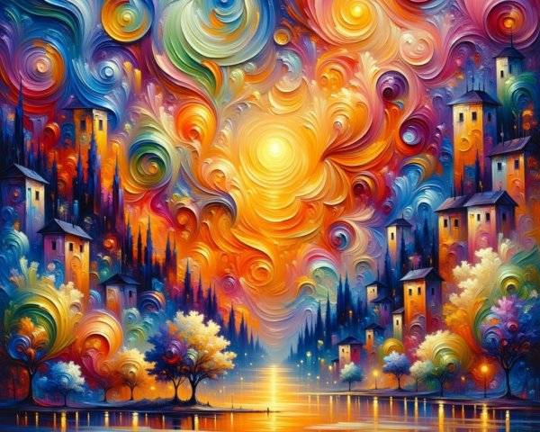 Vibrant Landscape with Colorful Sun and Whimsical Trees