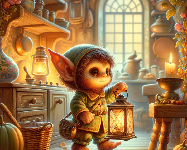 Whimsical Creature in Cozy Vintage Kitchen Setting