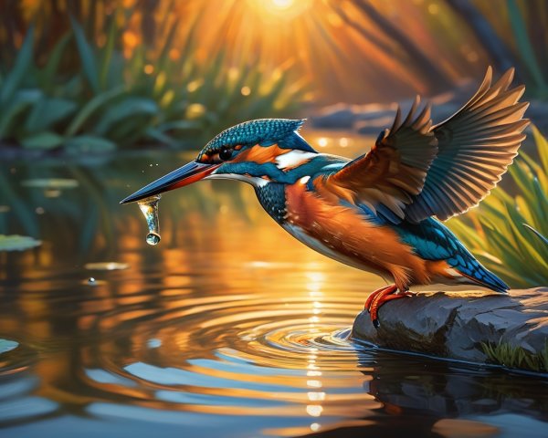 Kingfisher with Fish by Shimmering Pond at Dawn