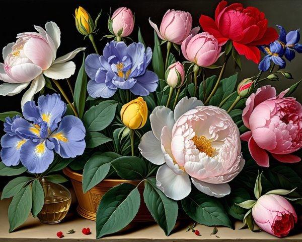 Vibrant Flower Bouquet in Decorative Vase with Leaves