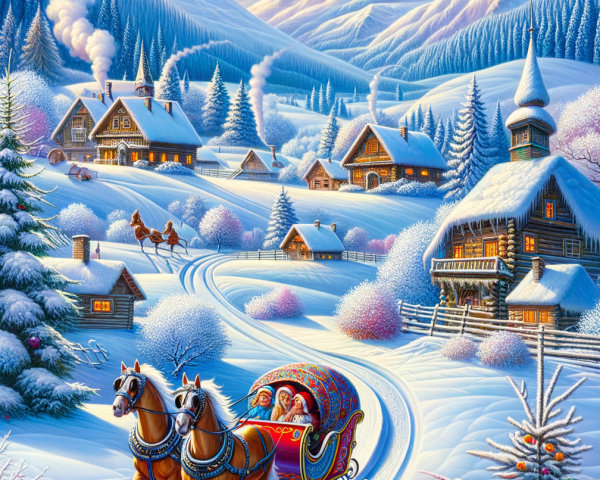 Winter Village Landscape with Snowy Mountains and Sleigh