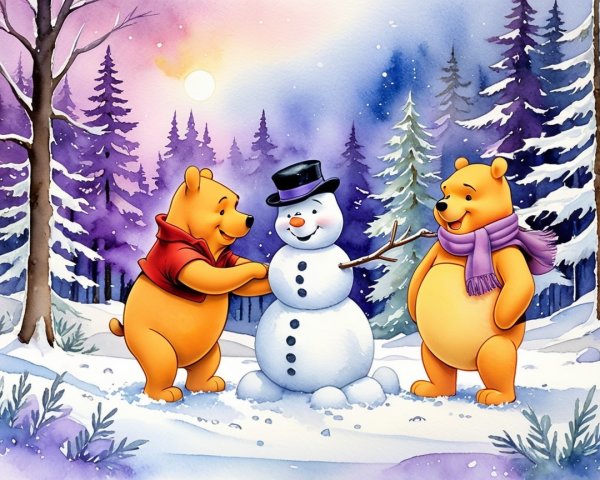Winnie the Pooh and Friend Build a Snowman in Winter