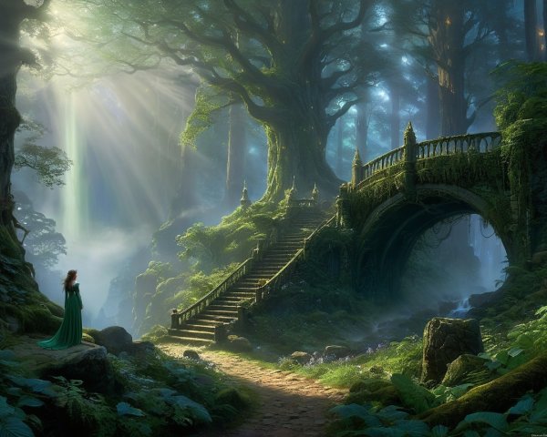 Mystical Forest with Grand Stone Bridge and Lush Greenery