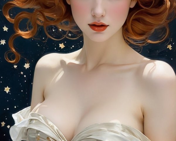 Young woman with red hair in floral gown under stars