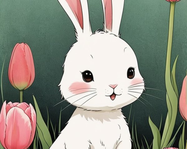 Cartoon White Rabbit Surrounded by Pink Tulips