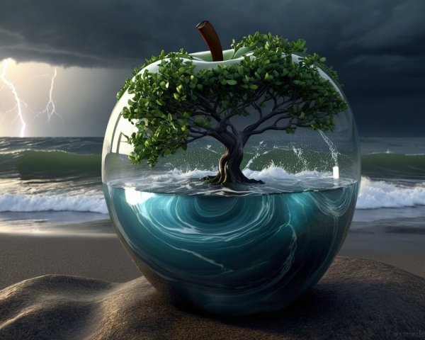 Surreal Scene of Transparent Apple with Miniature Tree