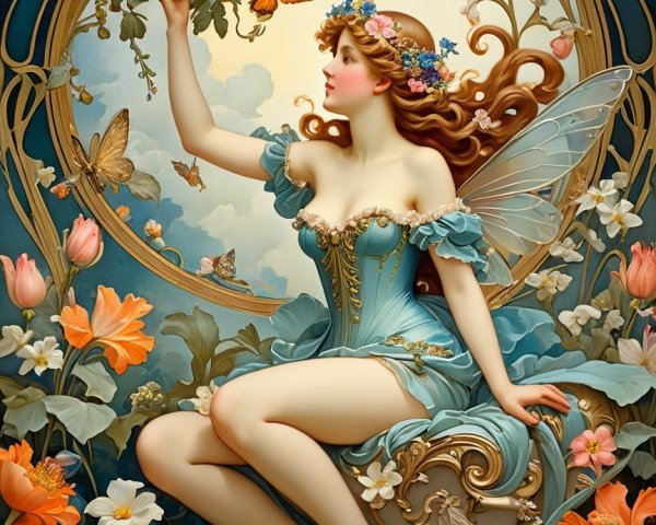 Whimsical Fairy in a Vibrant Floral Setting