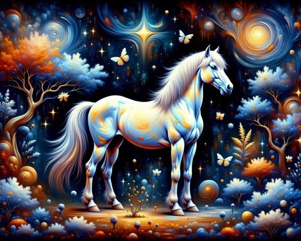 Majestic White Horse in Cosmic Fantasy Landscape