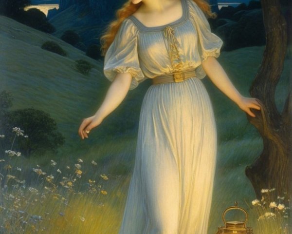 Young Woman in White Dress Walking Through Wildflowers