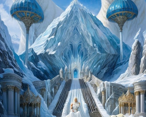 Majestic queen on throne in icy palace with polar bears