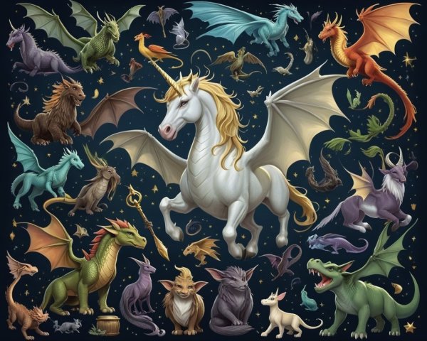 Whimsical Scene of Fantastical Creatures and Unicorn