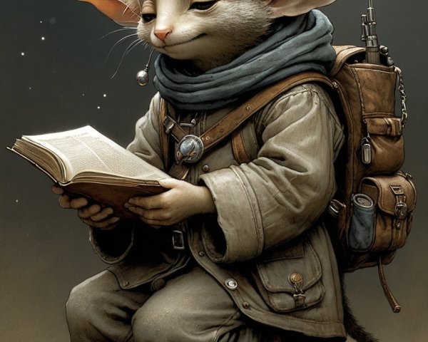 Whimsical creature reading in a cozy atmosphere