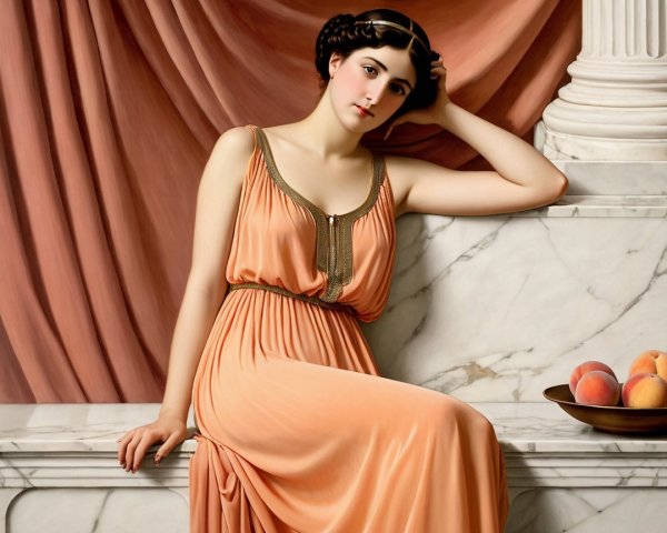 Elegant Woman in Peach Gown with Marble Backdrop