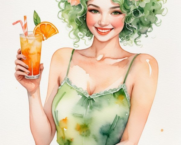 Cheerful Woman with Green Hair and Summer Fruits