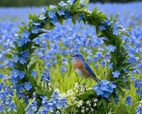 Bluebird in Floral Wreath Surrounded by Vibrant Flowers