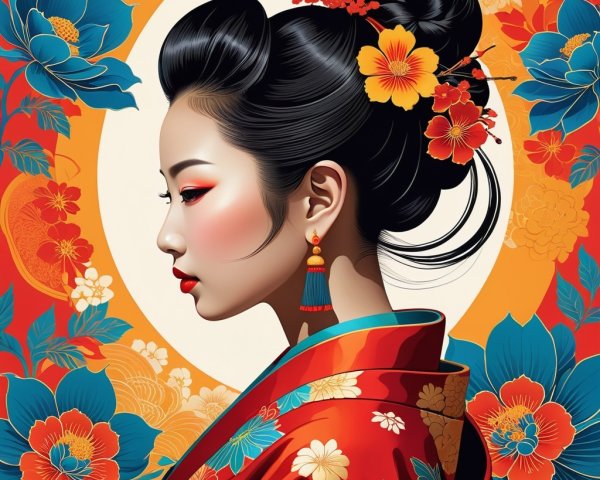 Portrait of a woman in vibrant red kimono attire