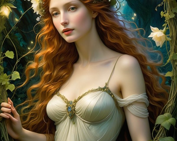 Ethereal Woman in Mystical Forest with Floral Crown