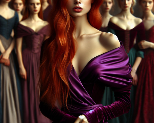 Woman in Purple Gown Surrounded by Elegant Figures
