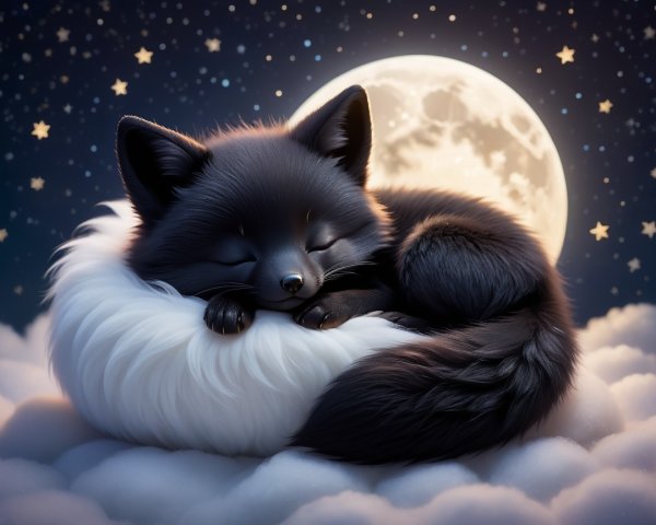 Black fox sleeping on a fluffy cloud under moonlight