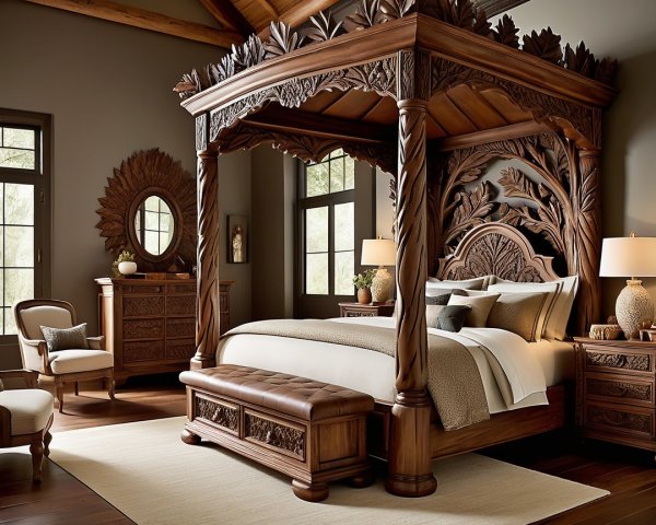 Luxurious Bedroom with Carved Canopy Bed and Natural Light