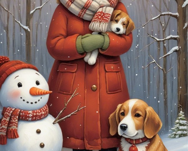 Winter Forest Scene with Girl, Puppy, and Snowman