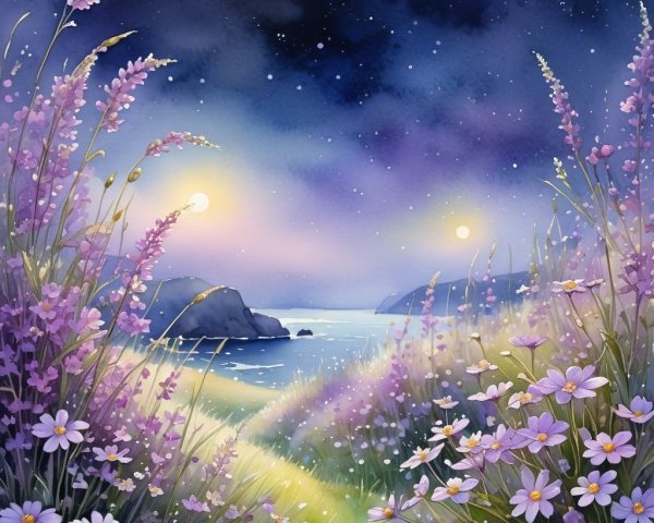 Tranquil Seaside Landscape at Dusk with Moons