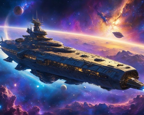 Futuristic battleship in vibrant space with nebulae
