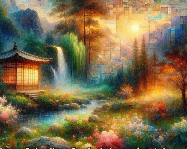 Vivid Mosaic Art of Japanese Temple and Waterfalls