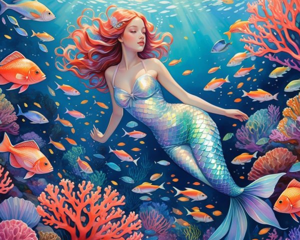 Mermaid Swimming in a Colorful Underwater Scene