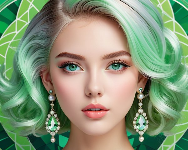 Young woman with pastel green hair and striking makeup